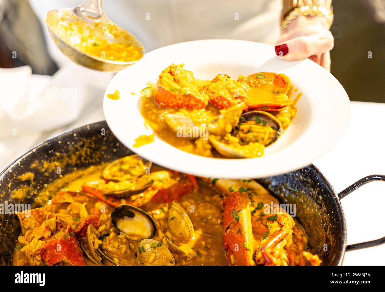 Gros plan d'une assiette de riz avec homard et fruits de mer servi par une femme Banque D'Images