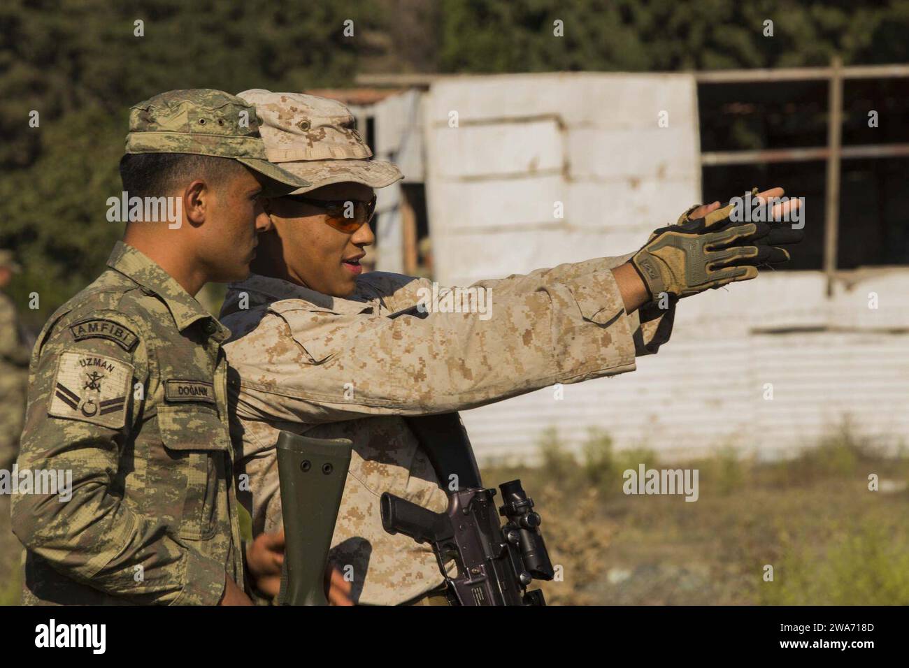 Forces militaires AMÉRICAINES. 151025ED118-300 DOGANBEY, Turquie (25 octobre 2015) le capitaine lance brandy Acosta, chef de l'équipe de pompiers, affecté à la Compagnie de Golf, à l'équipe de débarquement du bataillon 2/6, à la 26e unité expéditionnaire des Marines, et un marine turc discutent des voies de feu pendant l'exercice Egemen 2015 à Doganbey, Turquie, le 25 octobre. Egemen est un exercice amphibie dirigé et hébergé par la Turquie conçu pour augmenter les compétences tactiques et l'interopérabilité entre les participants. La 26e Marine Expeditionary Unit est déployée dans la zone de responsabilité de la 6e flotte pour soutenir les intérêts de sécurité nationale des États-Unis en Euro Banque D'Images