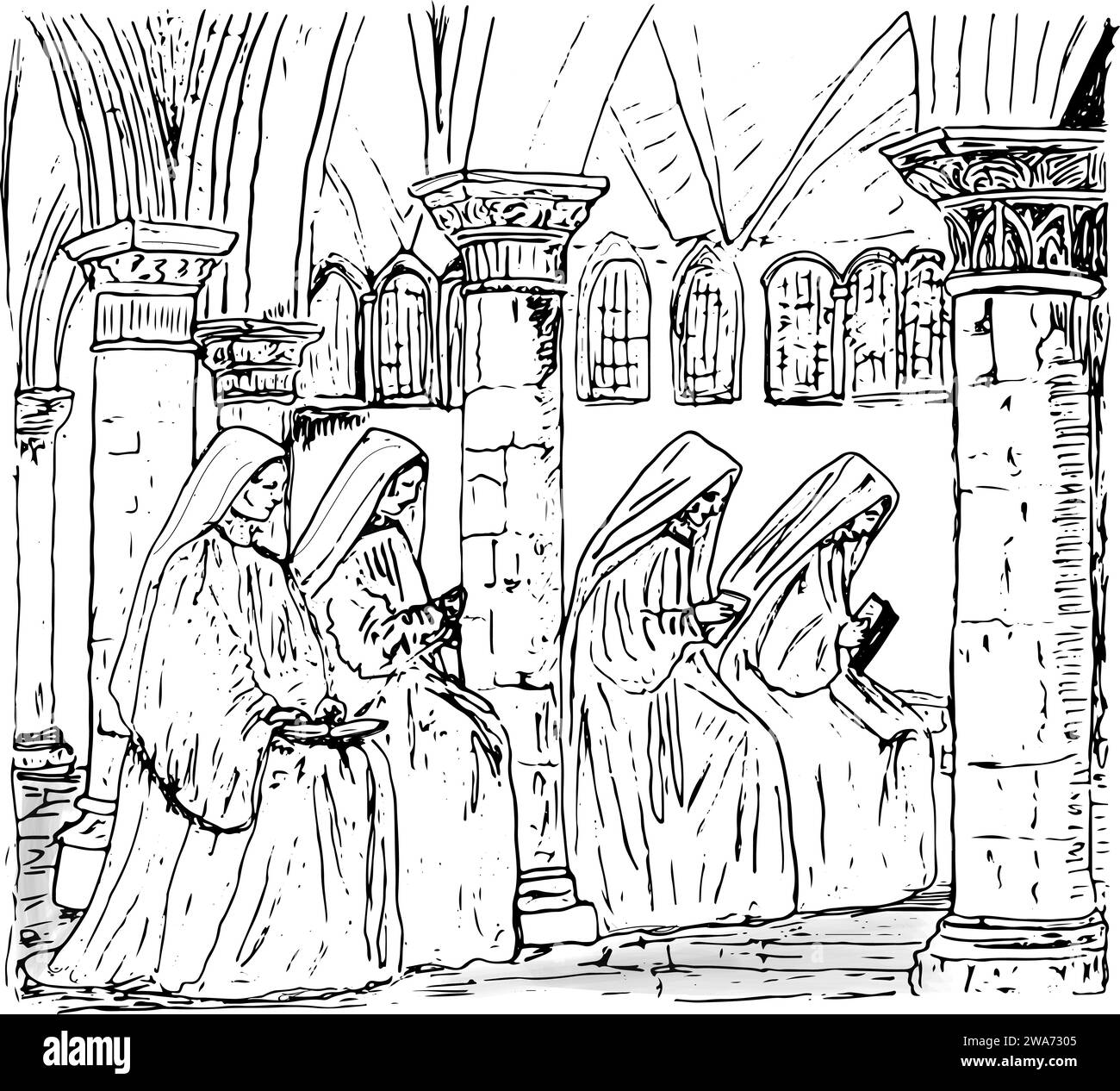 Illustration de quatre religieuses catholiques assises dans la prière contemplative du soir (Vêpres) dans la chapelle du couvent, illustration dessinée à la main en noir et blanc Illustration de Vecteur