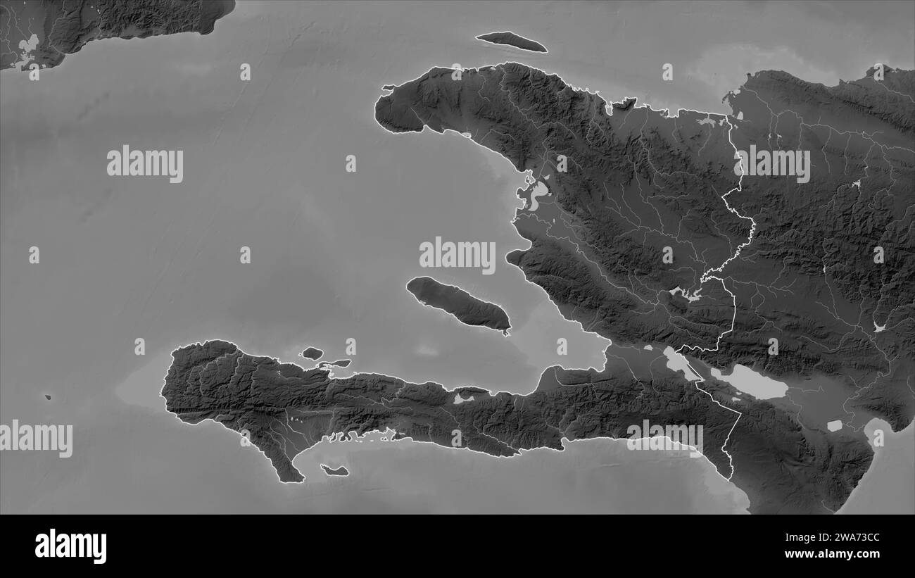 Haïti décrit sur une carte d'altitude en niveaux de gris avec des lacs et des rivières Banque D'Images