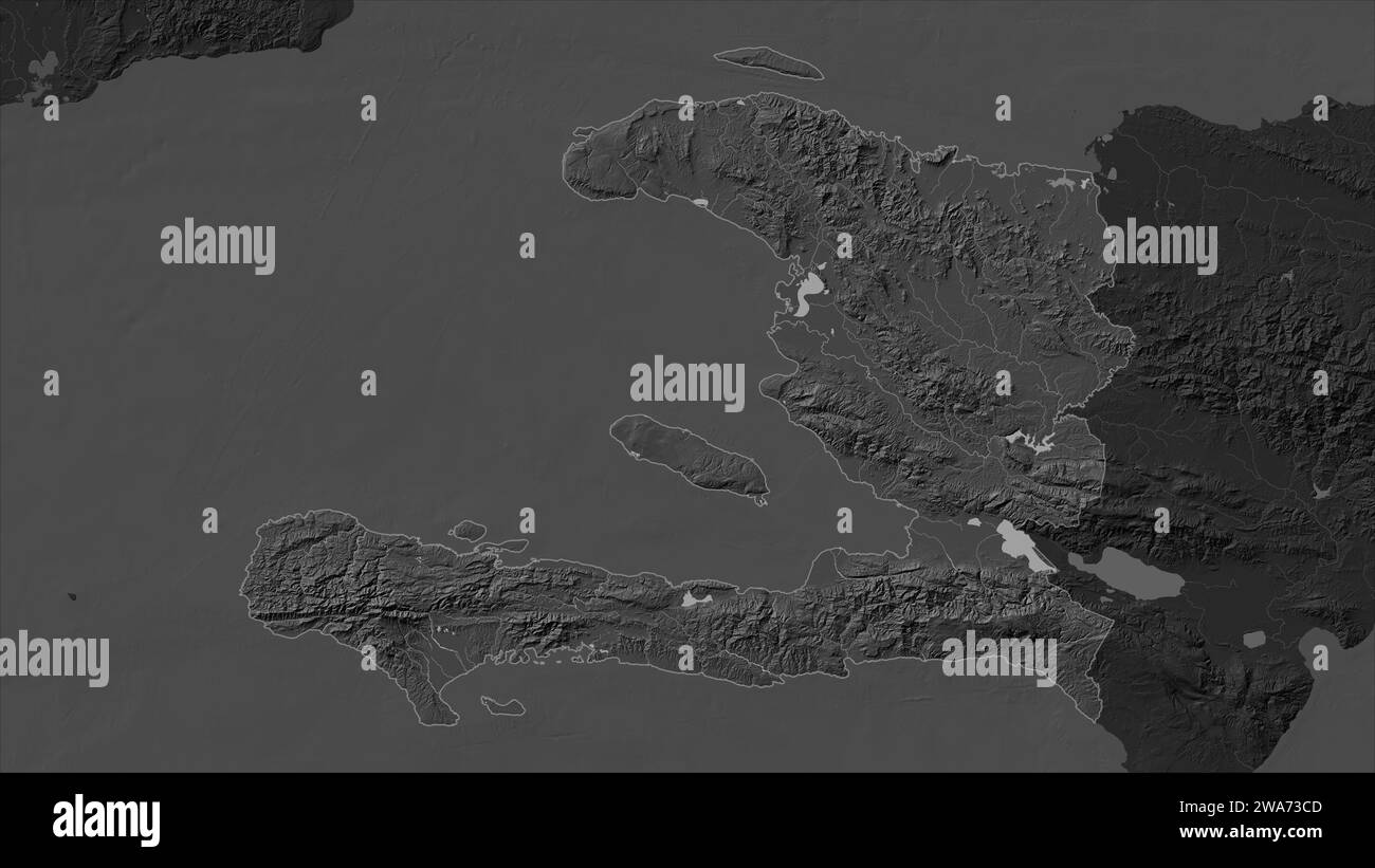 Haïti mis en évidence sur une carte d'altitude à deux niveaux avec des lacs et des rivières Banque D'Images