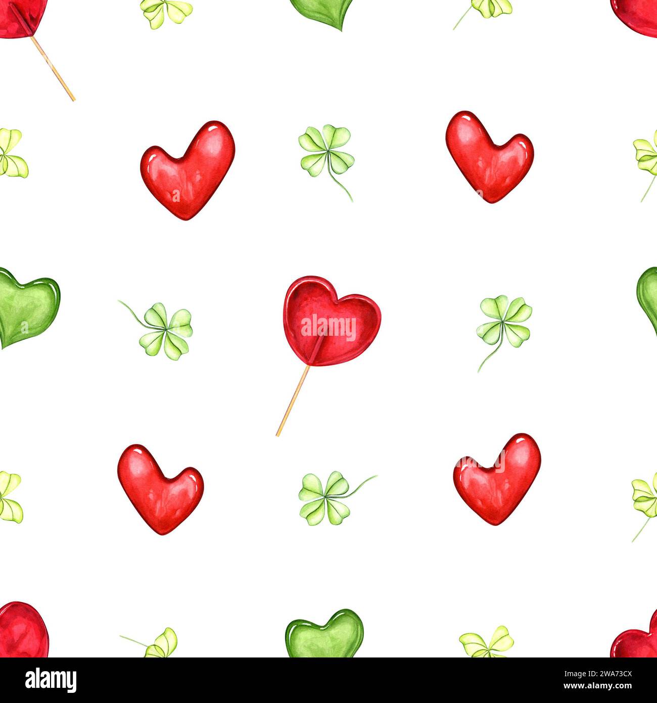 Motif sans couture de coeurs rouges, verts et feuilles vertes. Caramels en forme de coeur. Lollipop sur bâton. Feuille de trèfle. Illustration à l'aquarelle Banque D'Images
