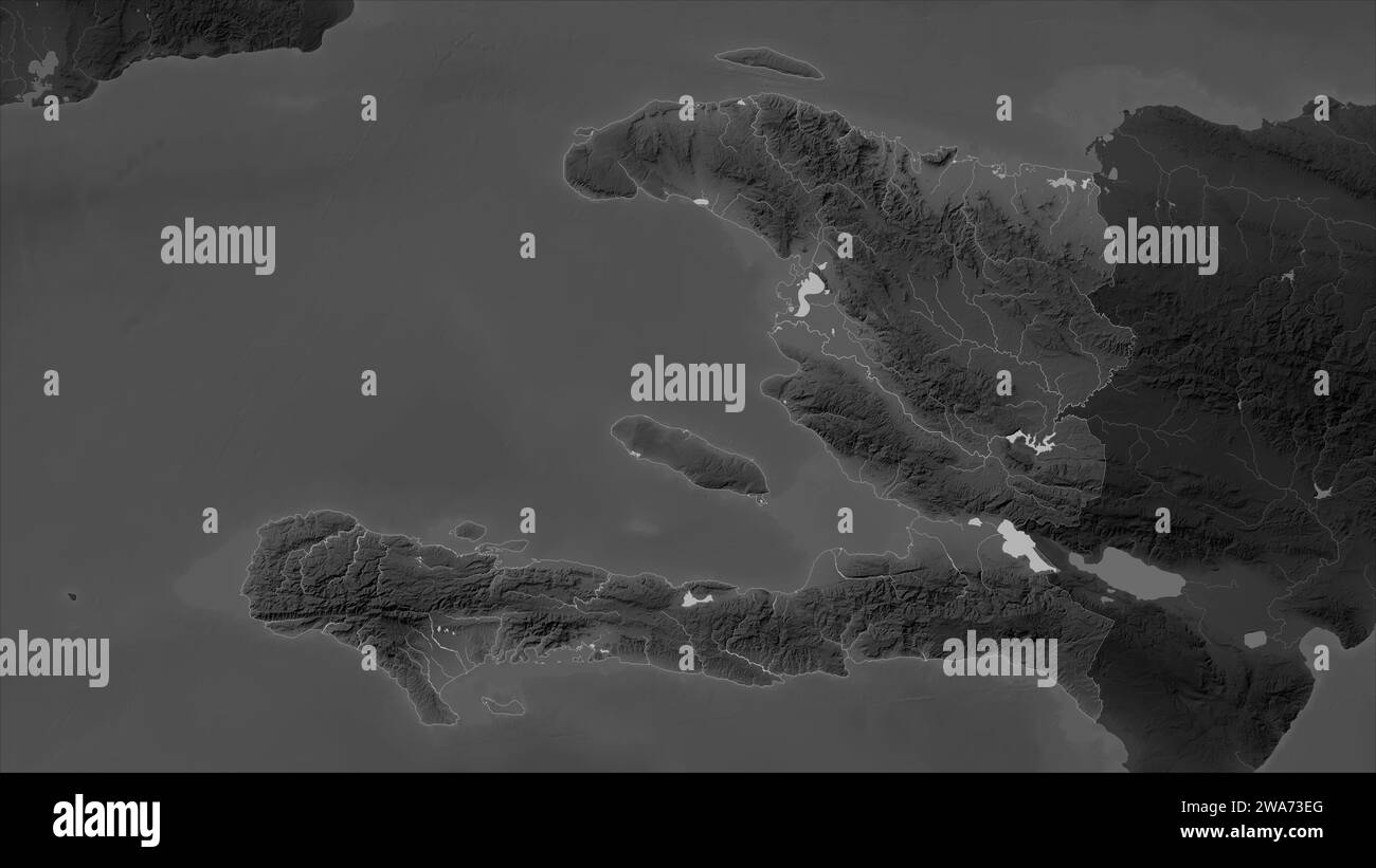 Haïti mis en évidence sur une carte d'altitude en niveaux de gris avec des lacs et des rivières Banque D'Images