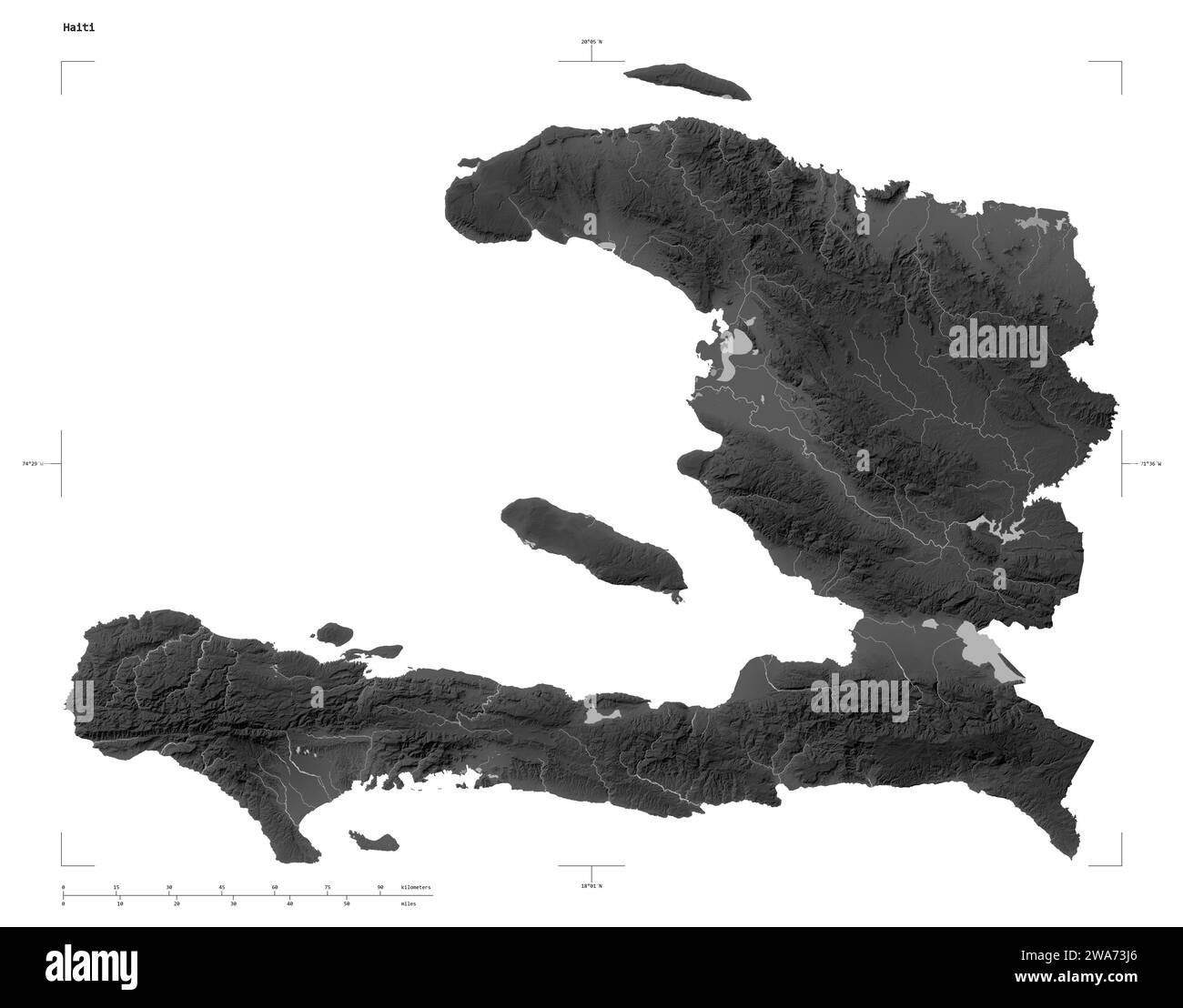 Forme d'une carte d'altitude en niveaux de gris avec les lacs et les rivières d'Haïti, avec l'échelle de distance et les coordonnées de la frontière de la carte, isolé sur blanc Banque D'Images