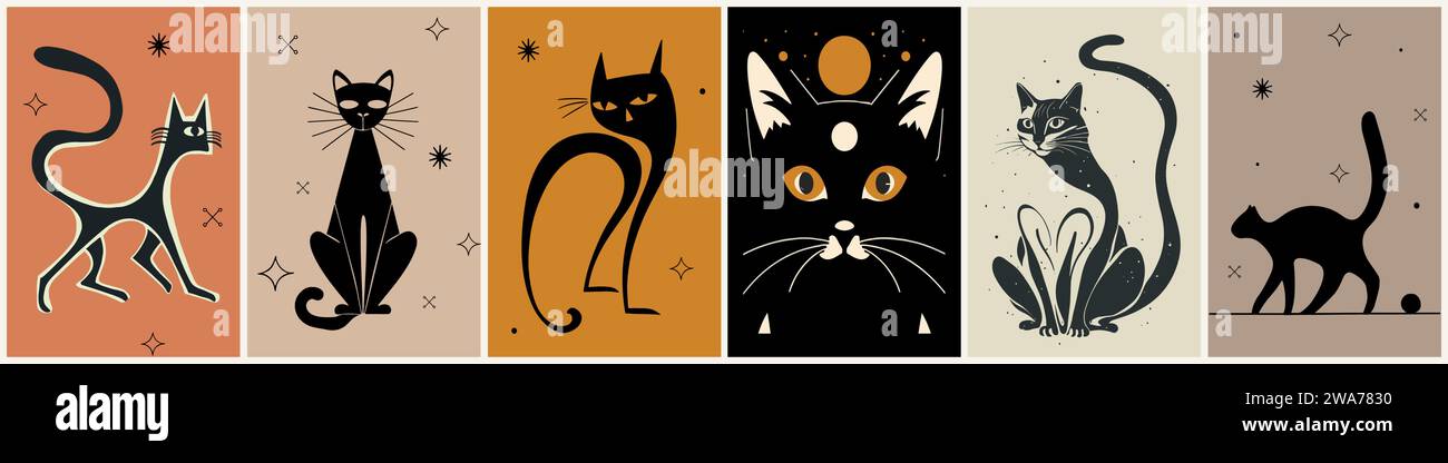 Ensemble d'affiches rétro avec vecteur de chats noirs mignons. Illustration de Vecteur
