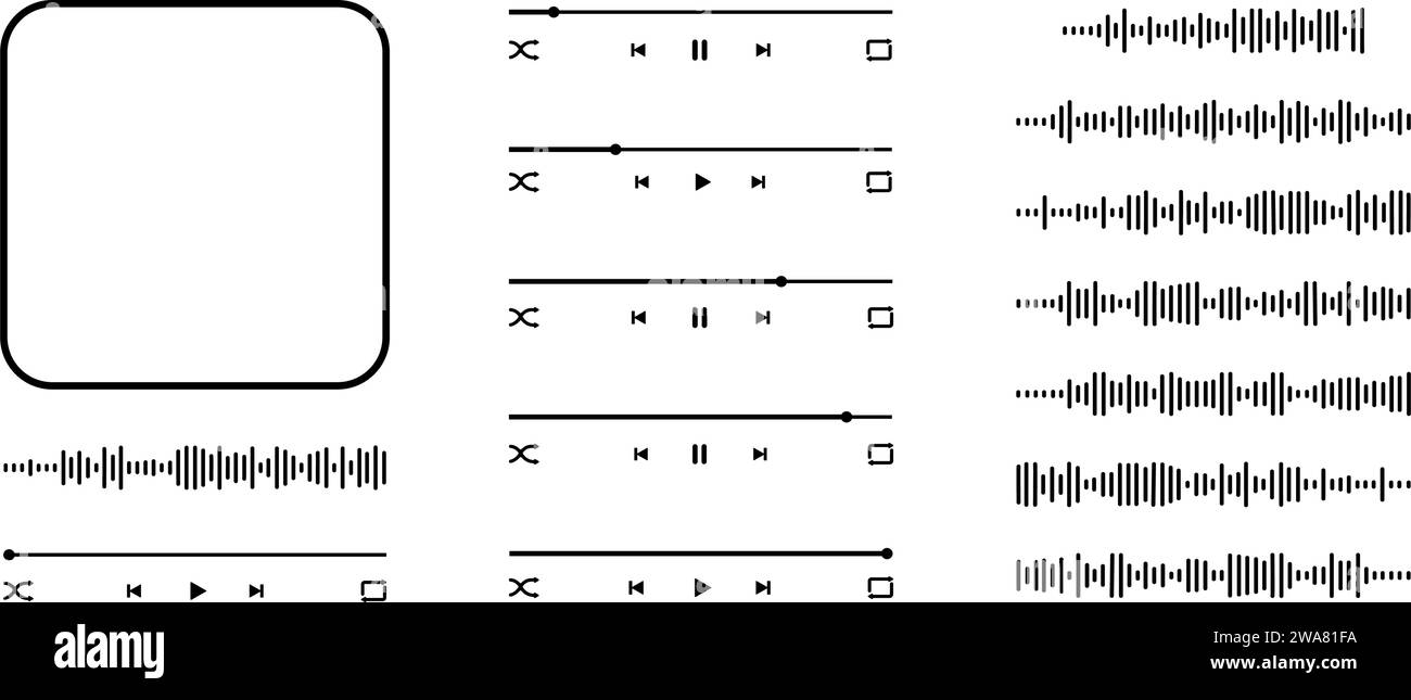 Modèle d'interface de lecteur mp3 audio et éléments de constructeur avec cadre de couverture d'album, boutons, barre de chargement et icônes d'égaliseur. Design de lecture de musique isolé sur fond blanc. Illustration vectorielle Illustration de Vecteur