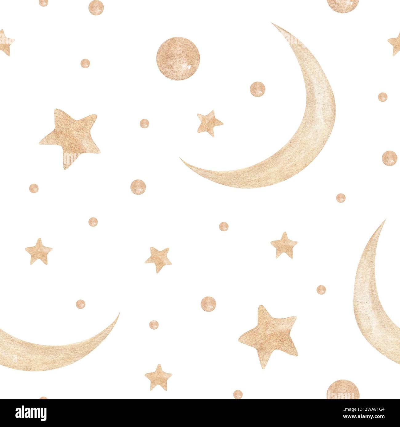 Aquarelle modèle sans couture avec des éléments comme la lune, les étoiles, sur fond blanc. Papier peint Galaxy, pour textile, design, carte, pépinière, papier d'emballage. Banque D'Images