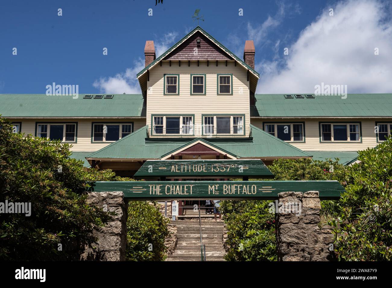 Mount Buffalo Chalet, Victoria, Australie. Construit en 1910, le Chalet est classé patrimoine pour son importance historique et architecturale. Banque D'Images