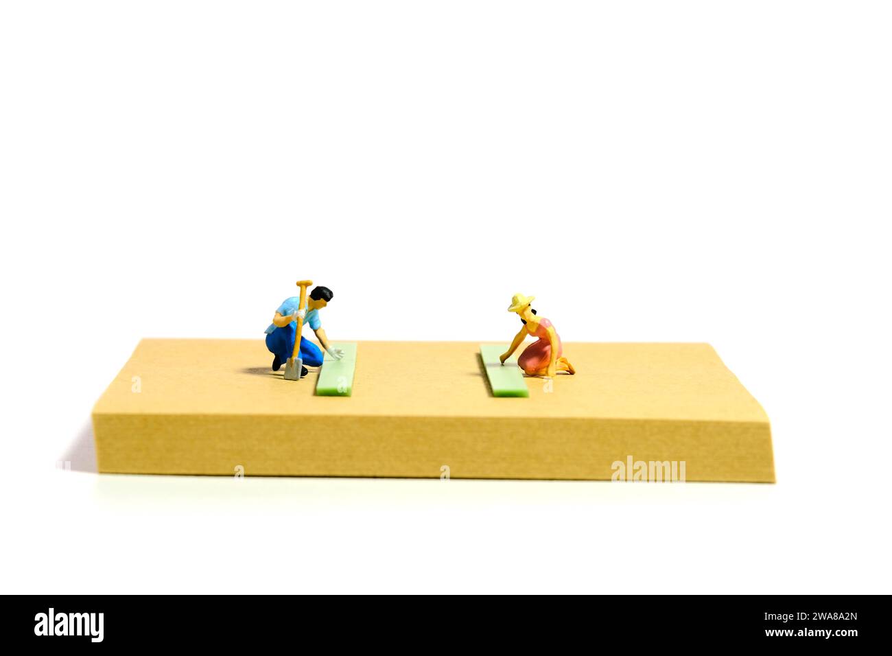 Photographie de figurine miniature créative de personnes. Installation de notes autocollantes. Un couple faisant de l'activité de jardinage à la cour pendant les vacances d'été. Isolé activé Banque D'Images