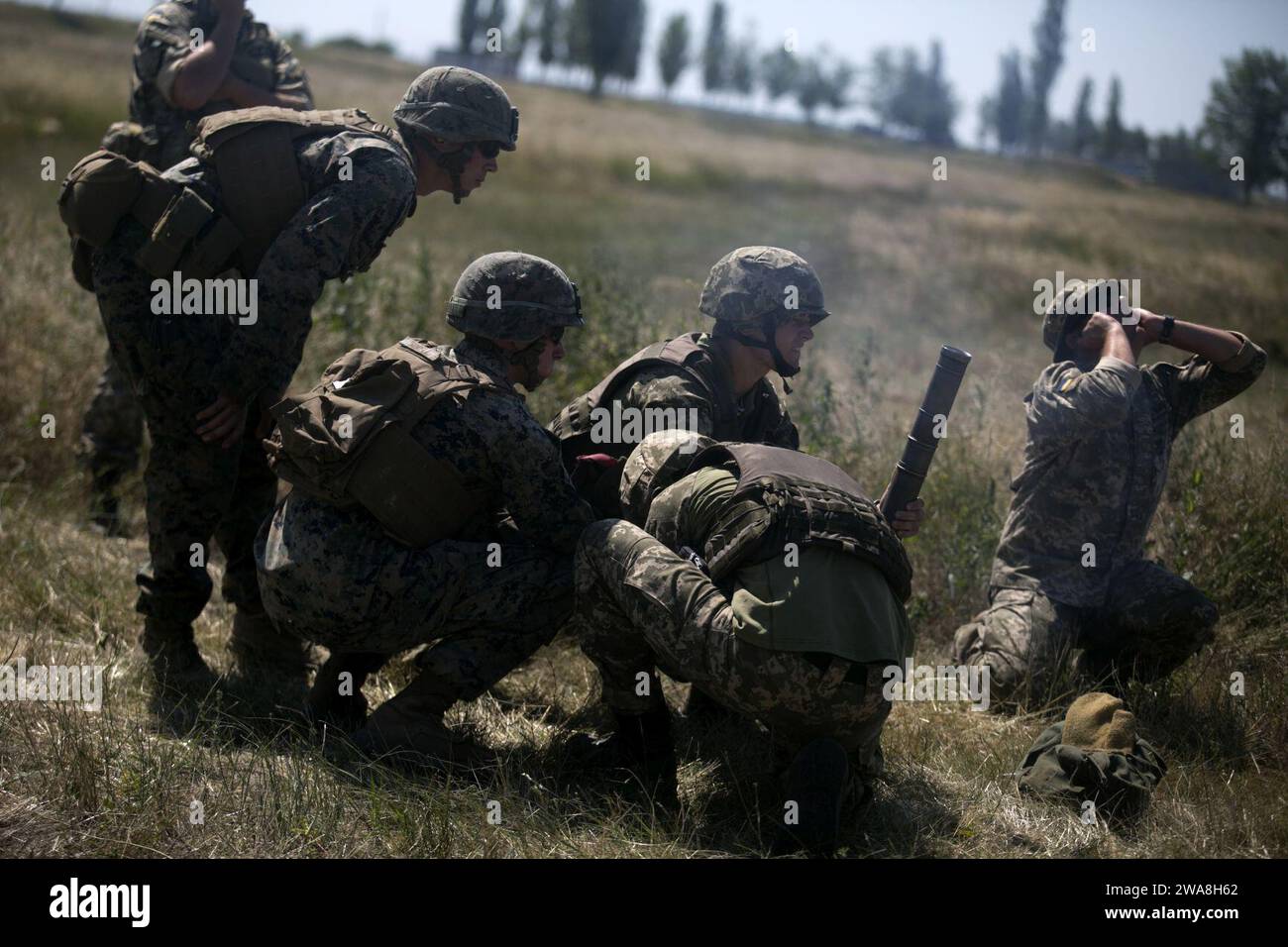 Forces militaires AMÉRICAINES. 170711ZH288-008 SHIROKYI LAN, Ukraine (11 juillet 2017)- les Marines américains, affectés à la Force rotationnelle de la mer Noire 17.1, et les Marines ukrainiens tirent un mortier de 60 millimètres pour l'entraînement au champ de tir réel au cours de l'exercice Sea Breeze 2017 à Shirokyi LAN, Ukraine, juillet 11. Sea Breeze est un exercice maritime multinational organisé conjointement par les États-Unis et l'Ukraine en mer Noire et conçu pour améliorer l'interopérabilité des pays participants et renforcer la sécurité maritime dans la région. (Photo du corps des Marines des États-Unis par le caporal Sean J. Berry/libéré) Banque D'Images