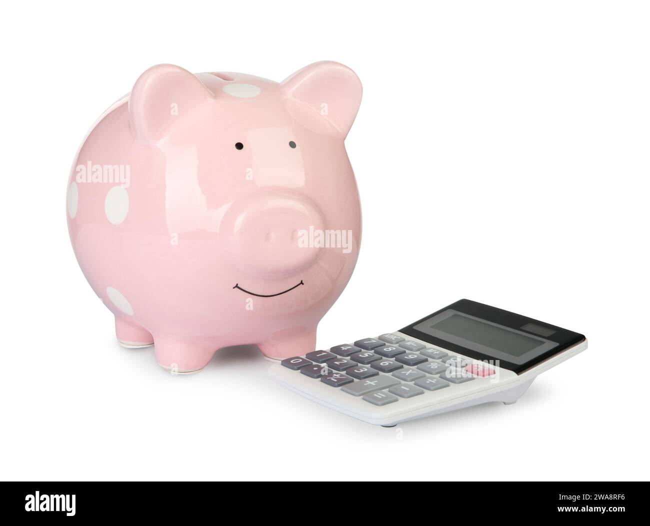 Tirelire et calculator isolated on white Banque D'Images