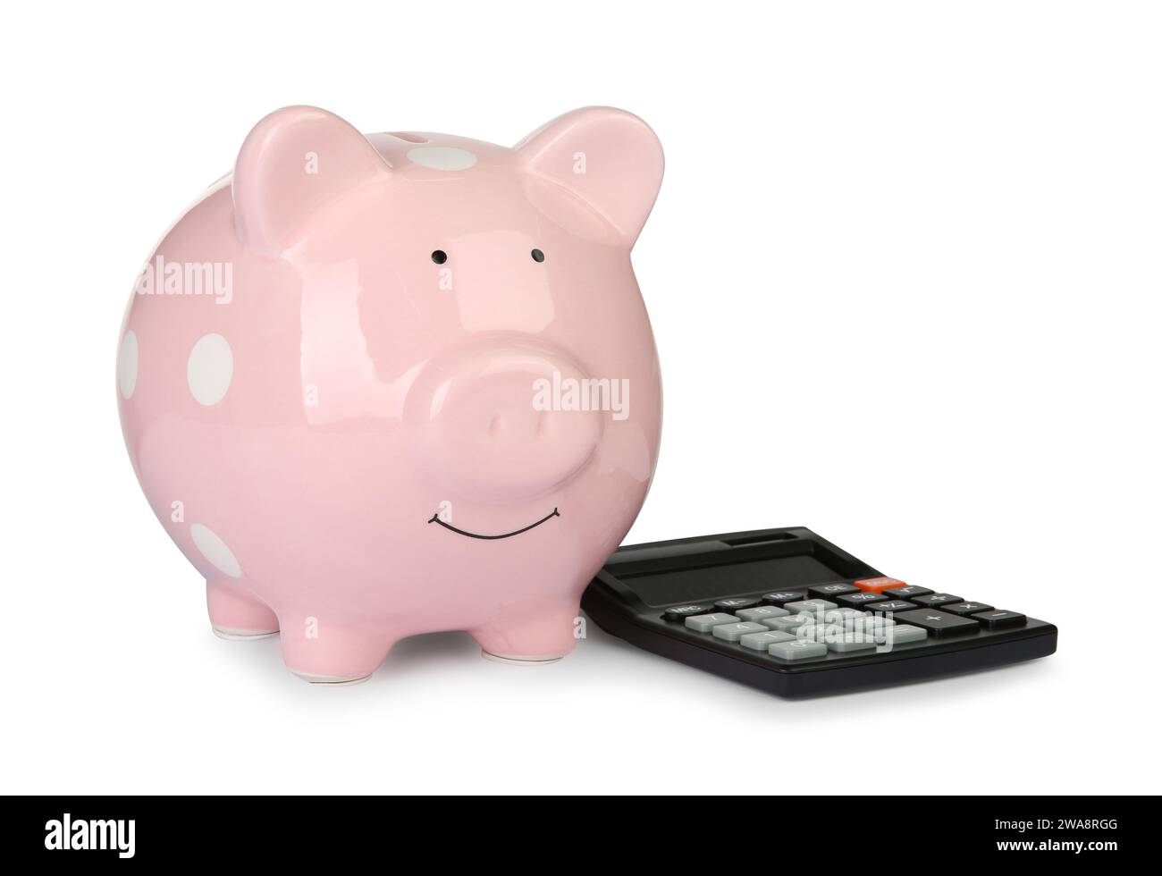 Tirelire et calculator isolated on white Banque D'Images