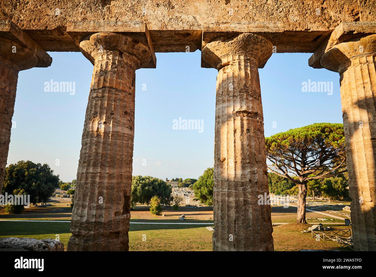 Vue à travers d'anciennes colonnes d'un paysage historique en plein jour, ambiance du soir d'été à Paestum, ancienne ville, à 35 km au sud de Salerno.Founded par le Banque D'Images