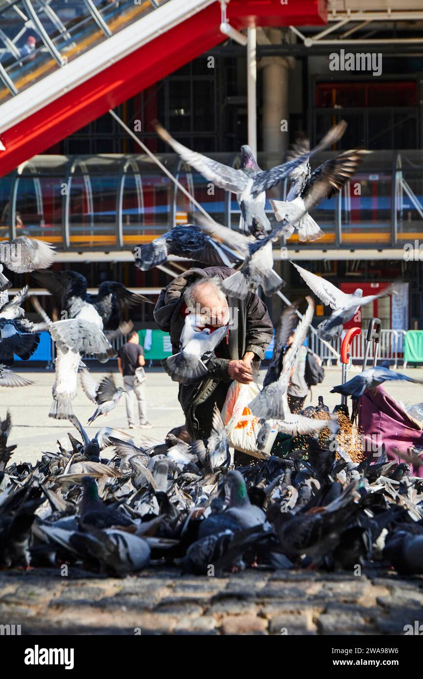 Le vieil homme nourrit les pigeons sur une grande place de Paris Banque D'Images