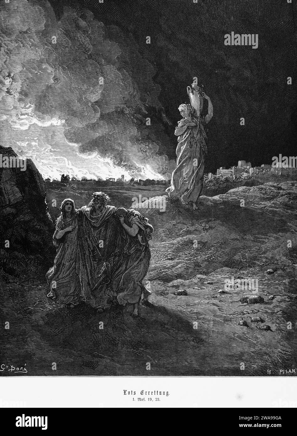 Bible, salut de Lot, Genèse 19, 23, feu, ville de Sodome, filles, paysage, cruche d'eau, Lot, Moïse, salut, danger, montagne, ancien Testament, Banque D'Images