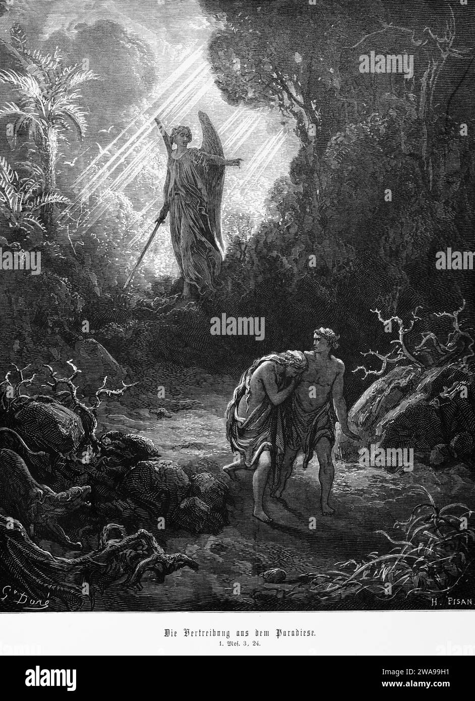 Bible, expulsion du paradis, Genèse 1, §, 24, Moïse, ancien Testament, rayon de lumière, ange, Adam et Ève, interdiction, désobéissance, plantes, arbres, h Banque D'Images
