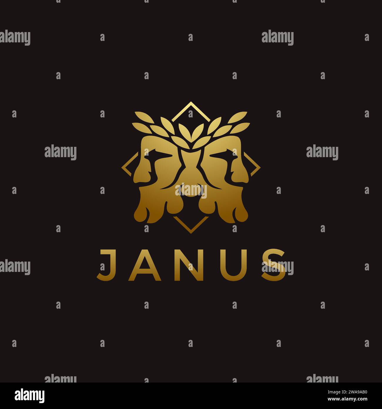 Élégance Gold Janus God logo portant l'icône vectorielle de couronne de feuille sur fond noir Illustration de Vecteur