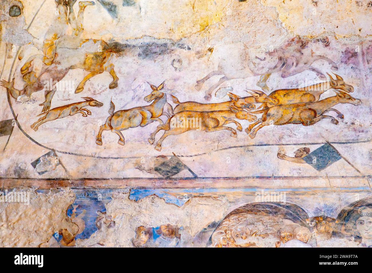 Amra, Jordanie - 5 octobre 2023 : peintures murales de Qasr Amra en Jordanie. Banque D'Images