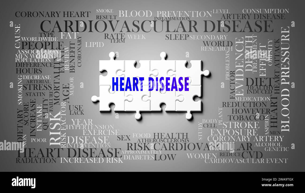 Maladie cardiaque - un sujet complexe, lié à de nombreux concepts. Représenté comme un puzzle et un nuage de mots fait des idées les plus importantes et des phrases liées à Banque D'Images