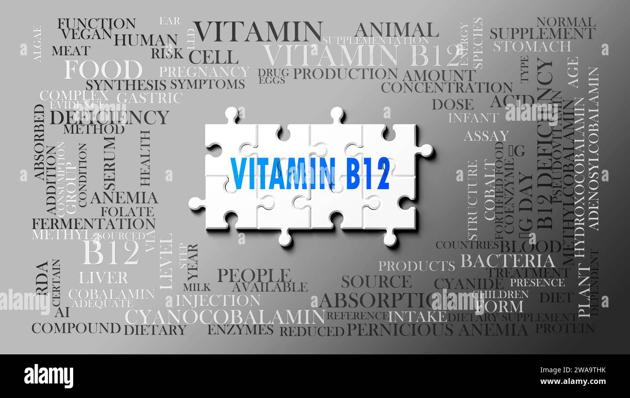 Vitamine b12 - un sujet complexe, lié à de nombreux concepts. Représenté comme un puzzle et un nuage de mots fait des idées et des phrases les plus importantes liées à v Banque D'Images