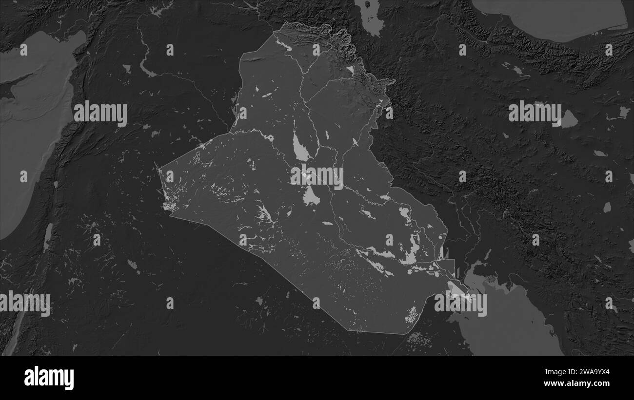 Irak mis en évidence sur une carte d'altitude à deux niveaux avec des lacs et des rivières Banque D'Images