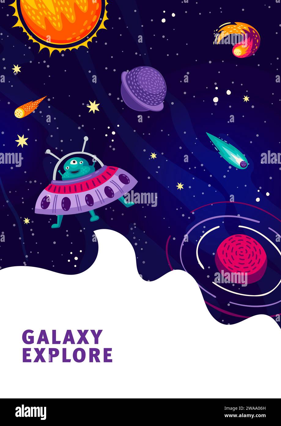 Extraterrestre de dessin animé volant sur soucoupe OVNI à l'espace de galaxie étoilée aux planètes, fond vectoriel. Affiche d'aventure spatiale et d'exploration de galaxie avec vaisseau spatial martien ou OVNI extraterrestre dans le ciel étoilé avec astéroïdes Illustration de Vecteur