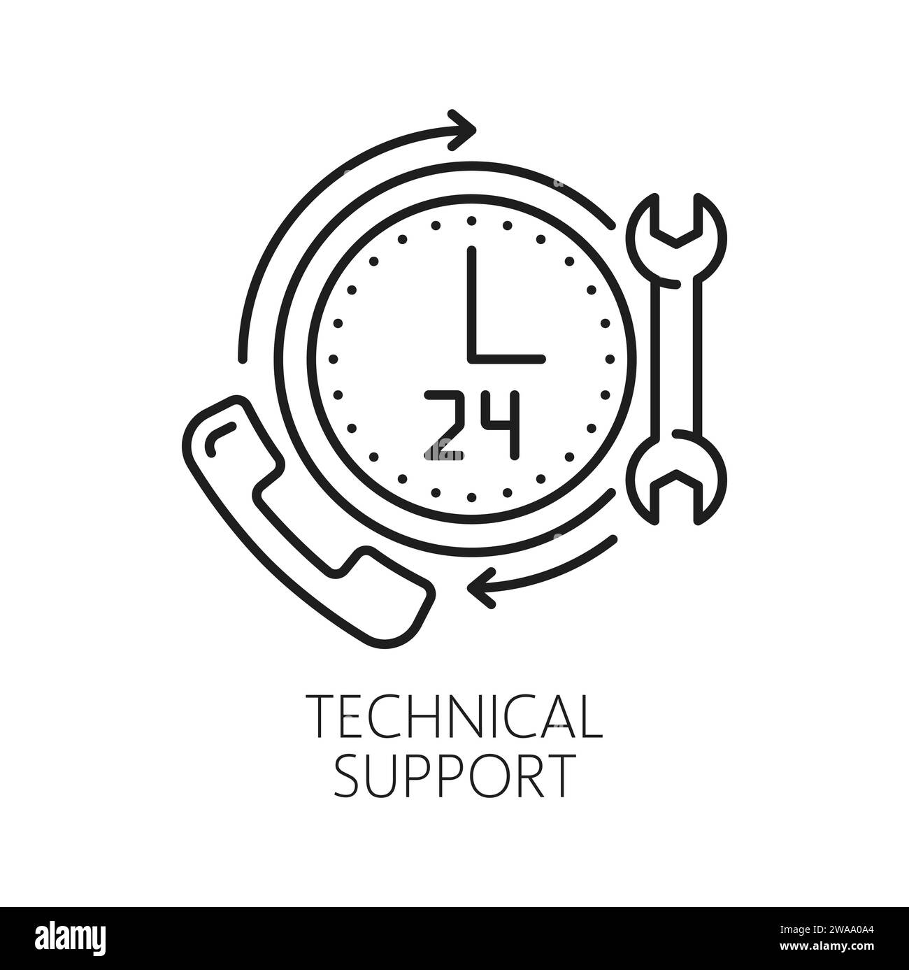 Assistance technique. CDN. Icône de réseau de diffusion de contenu, utilisateur de portail Internet ou service d'assistance à la clientèle, système d'administration de réseau, symbole vectoriel CDN avec horloge 24h, téléphone et clé Illustration de Vecteur