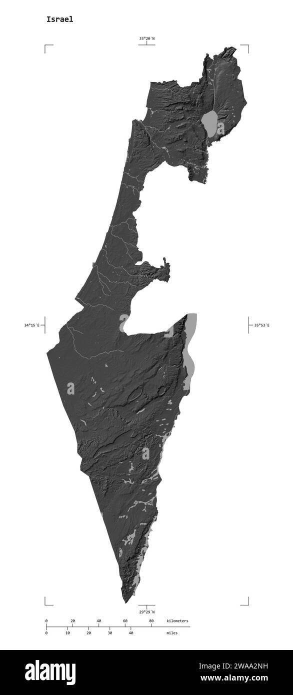 Forme d'une carte d'altitude à deux niveaux avec les lacs et les rivières de l'Israël, avec l'échelle de distance et les coordonnées de la frontière de la carte, isolé sur blanc Banque D'Images