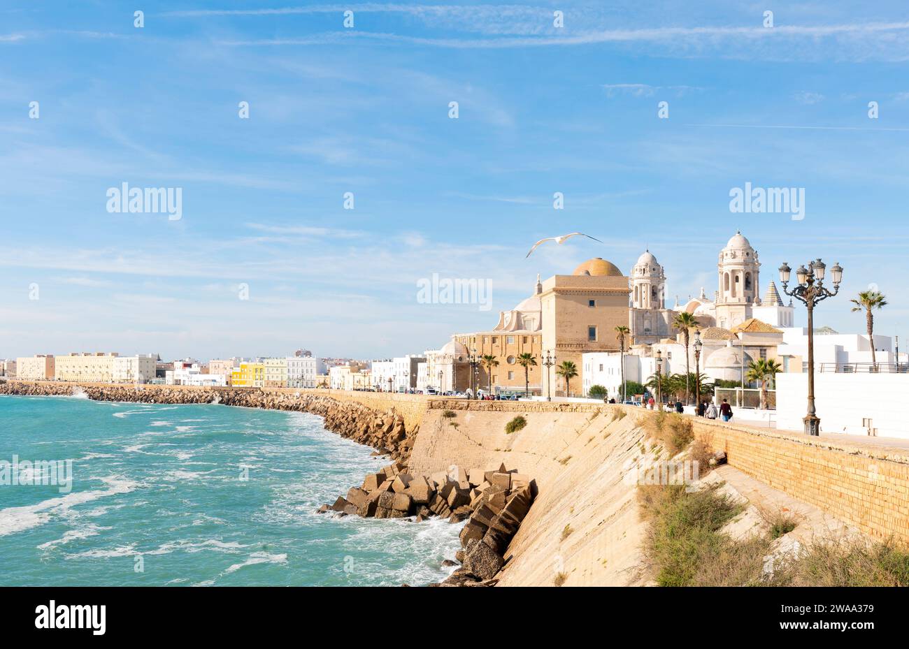 Belle vue le jour de la cathédrale de Cadix appelée cathédrale de Santa Cruz avec ses 2 tours et son dôme doré un ciel bleu et un océan bleu en ca Banque D'Images