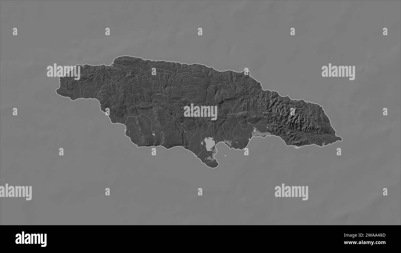 Jamaïque décrit sur une carte d'altitude à deux niveaux avec des lacs et des rivières Banque D'Images