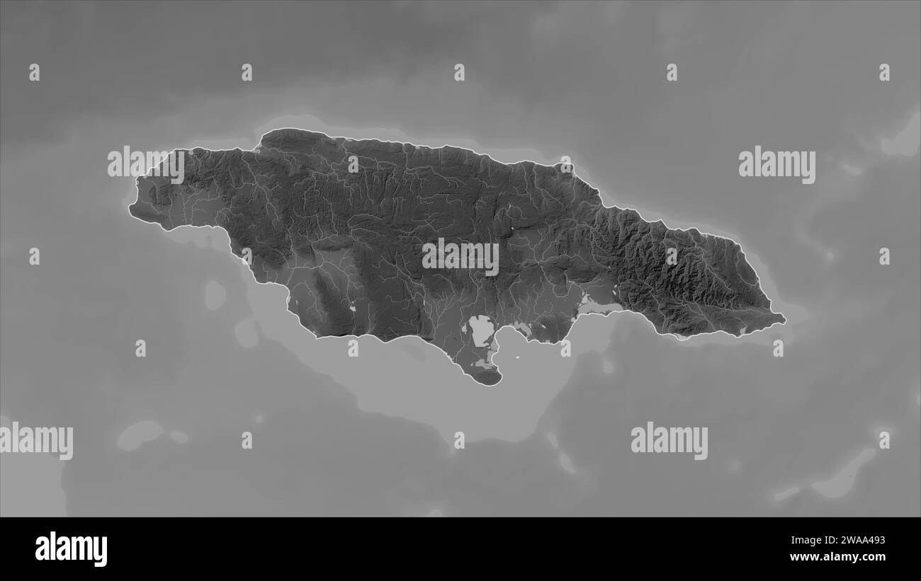 Jamaïque décrit sur une carte d'altitude en niveaux de gris avec des lacs et des rivières Banque D'Images