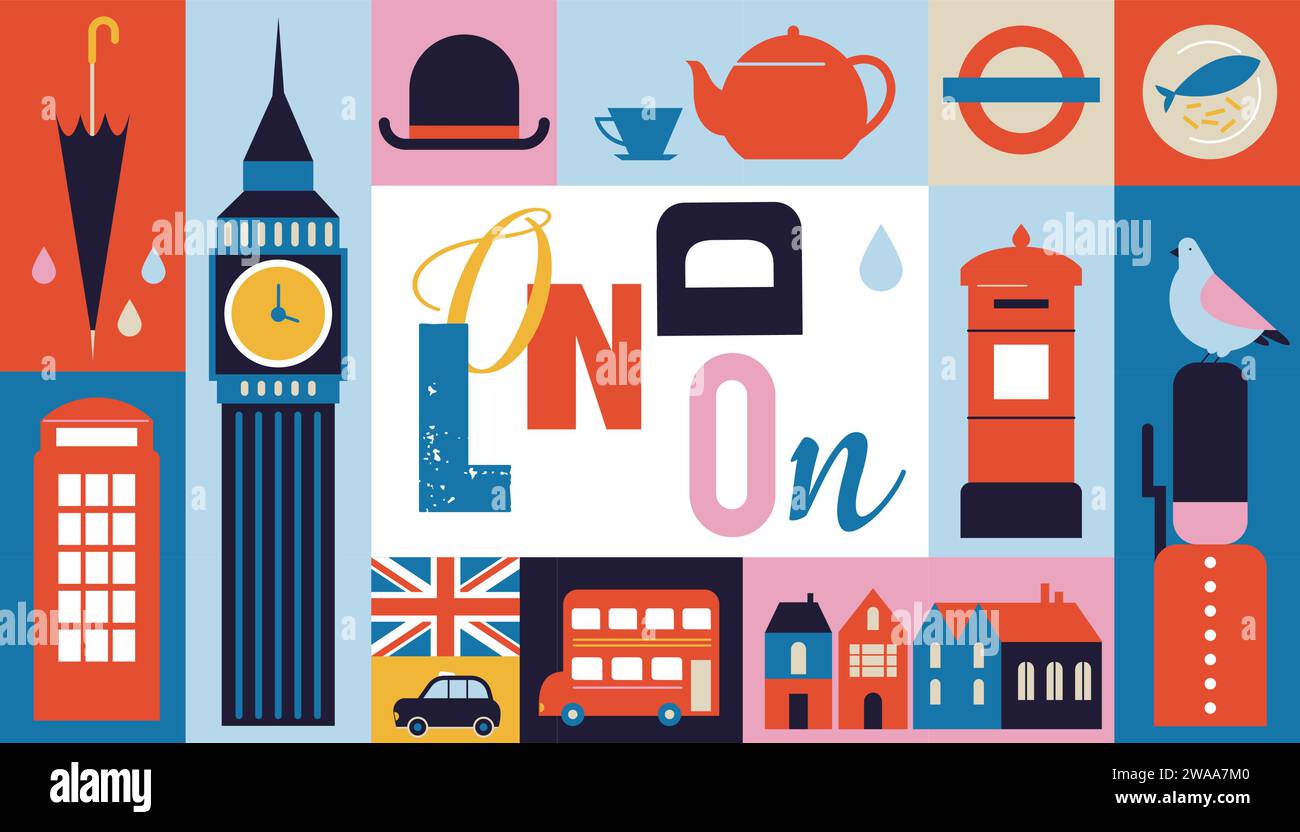 Londres, Royaume-Uni, Angleterre conception géométrique de bannière. Illustration modulaire colorée avec des bâtiments londoniens, parapluie, bus rouge, taxi, téléphone et plus encore. Vecteur Illustration de Vecteur