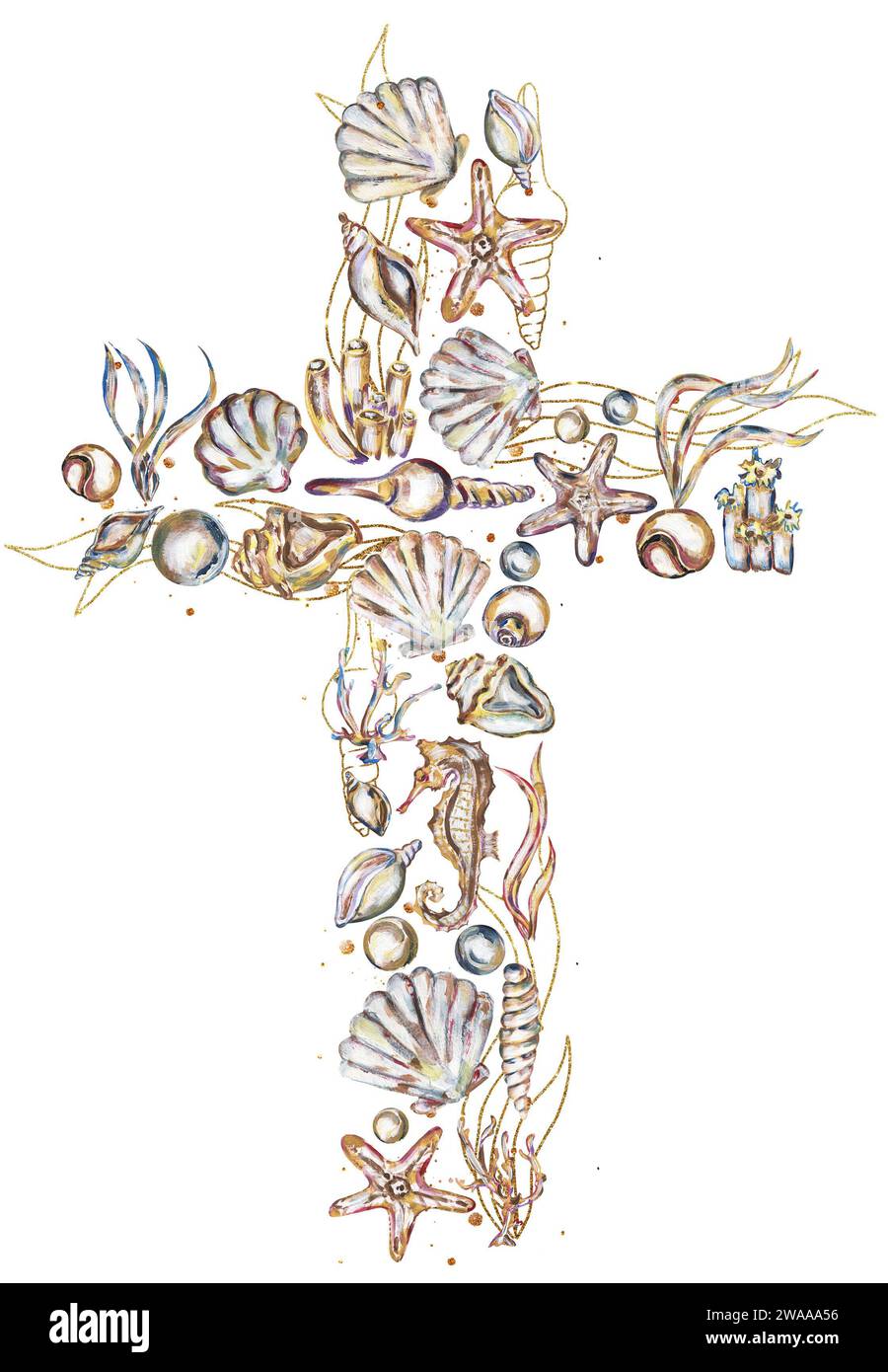 Clipart Croix de Pâques graphique, arrangements Seashells, Baptême crosses DIY invitation, Clipart de mariage tropical, éléments marins, Saint-Esprit, Religiou Banque D'Images