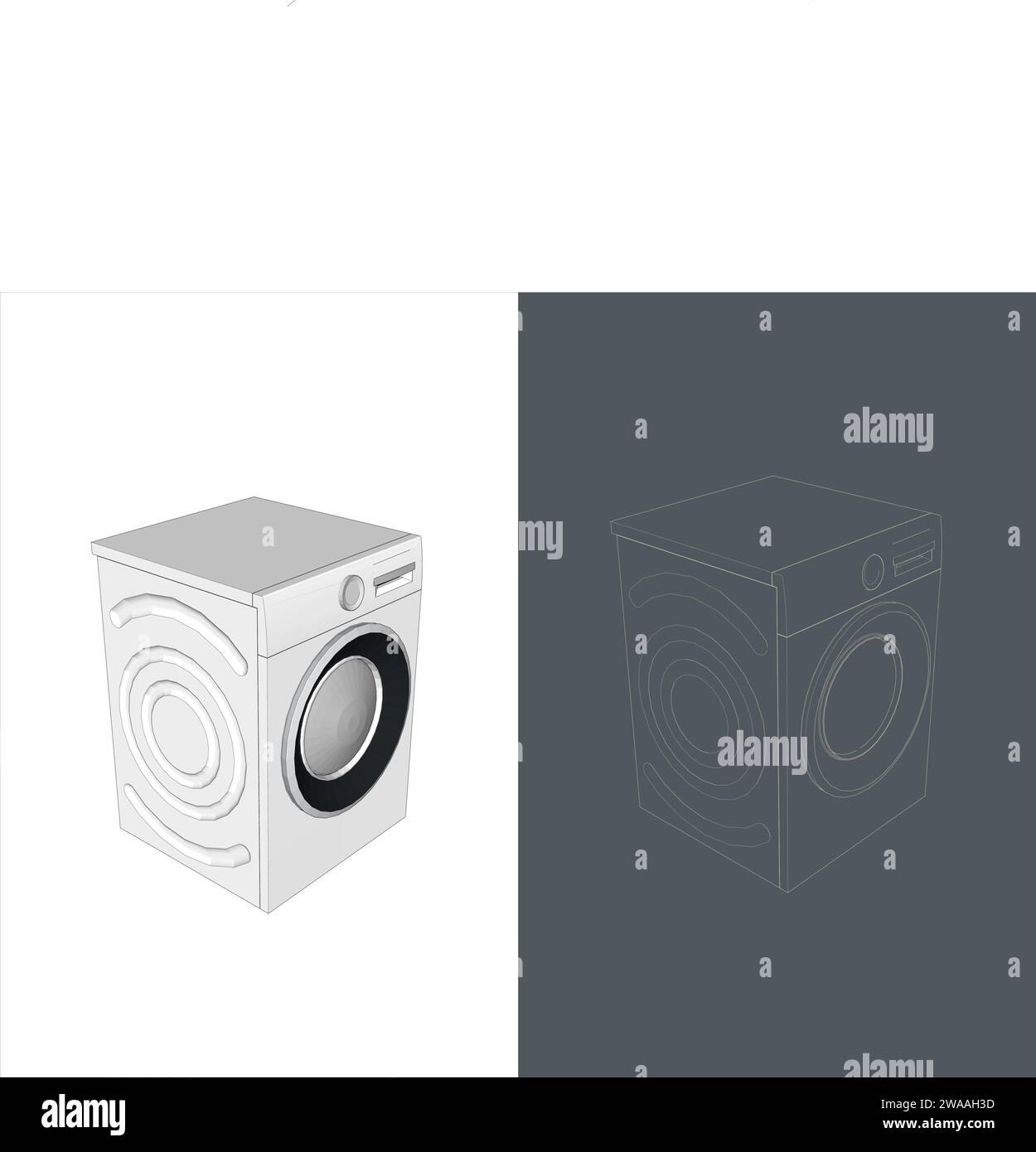 Maquette de plan filaire de machine à laver vectorielle isolée sur fond blanc. Illustration 3d moderne et réaliste des appareils ménagers Illustration de Vecteur