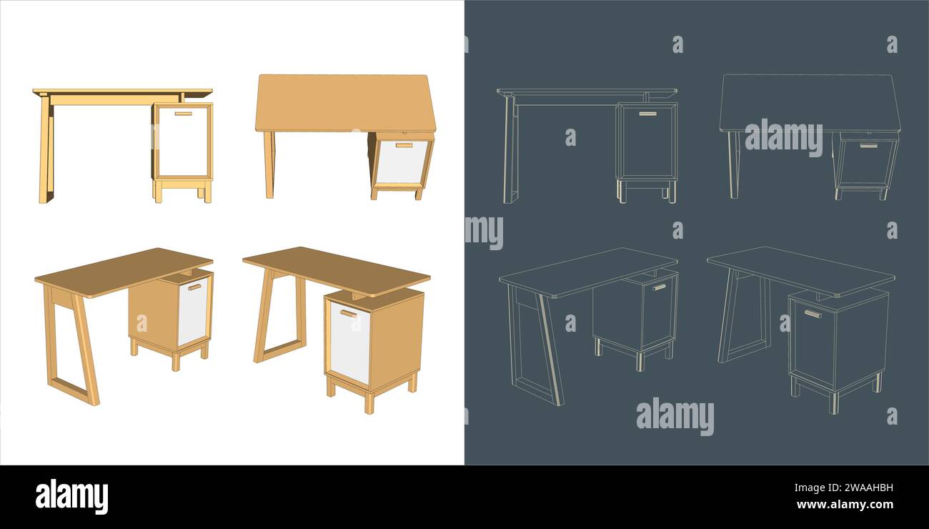 Ensemble de vecteur de meubles Wireframe de table de travail pour le travail, l'étude, la conception et l'apprentissage Illustration de Vecteur