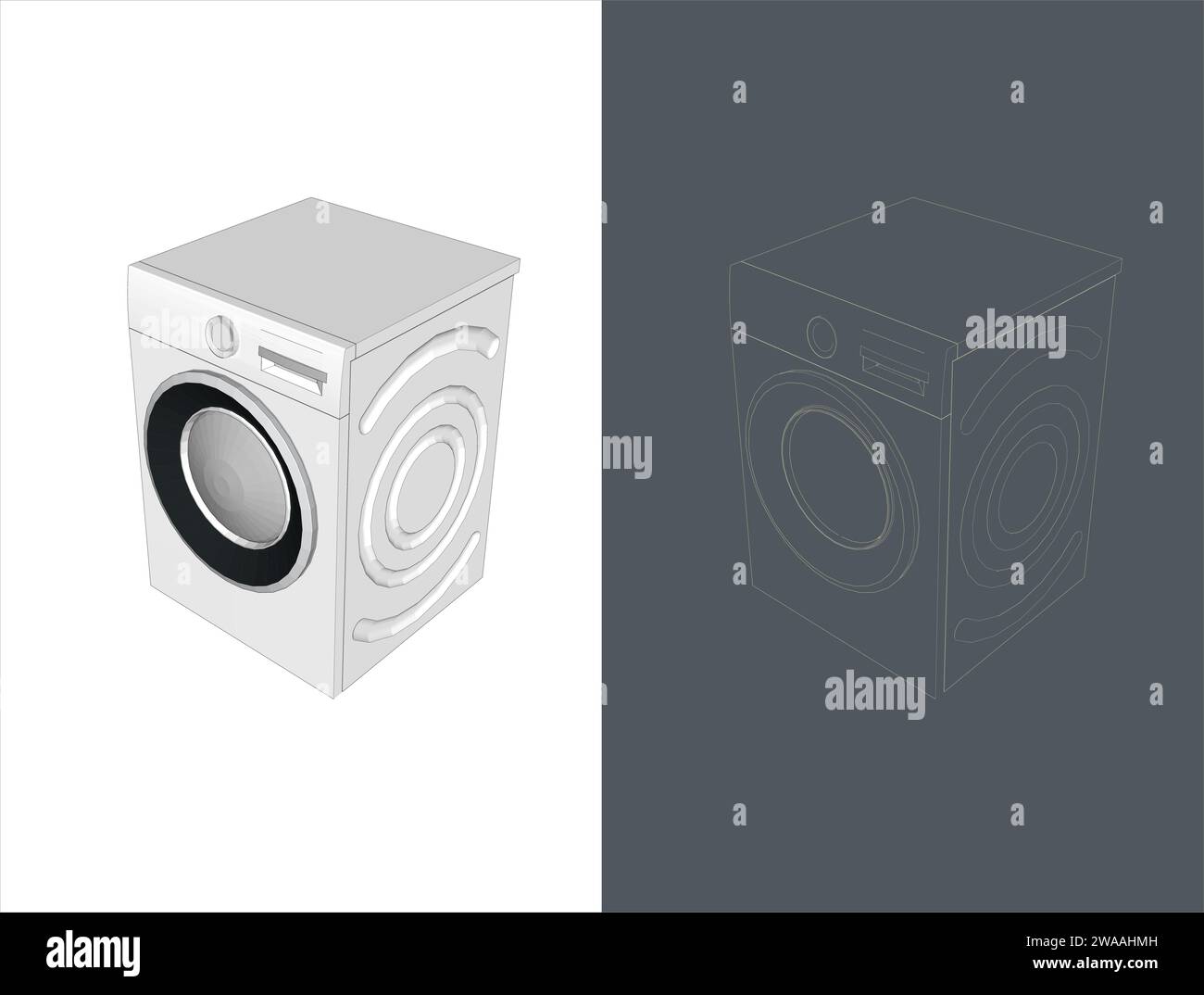 Maquette de plan filaire de machine à laver vectorielle isolée sur fond blanc. Illustration 3d moderne et réaliste des appareils ménagers Illustration de Vecteur