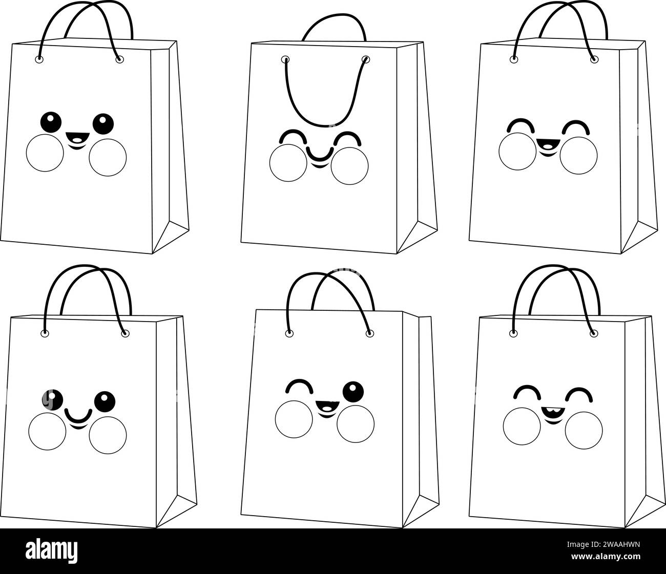 Personnages mignons de sac à provisions. Heureux sacs à provisions pour cadeaux. Page de coloriage en noir et blanc vectoriel. Illustration de Vecteur