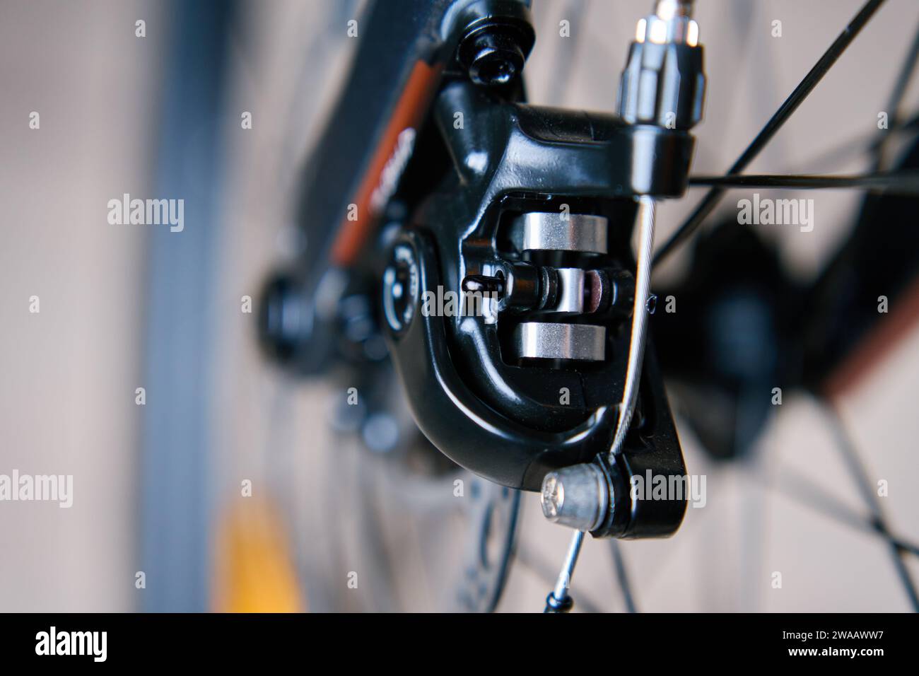 Partie du système de freinage du vélo. Disque de frein en métal gris et plaquettes de frein sur vélo de route, gros plan. Banque D'Images