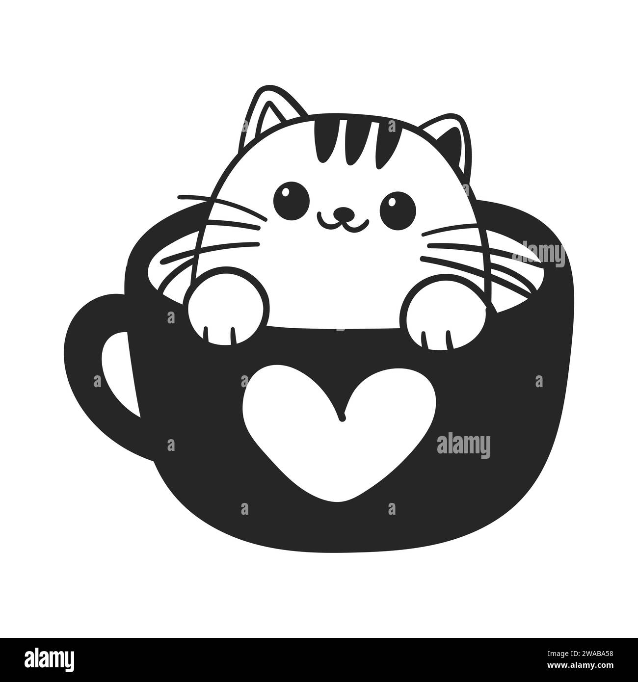 Chat mignon dans une tasse de thé à café. Personnage animal mignon et drôle pour le concept de Saint Valentin. Illustration vectorielle linéaire en noir et blanc Illustration de Vecteur