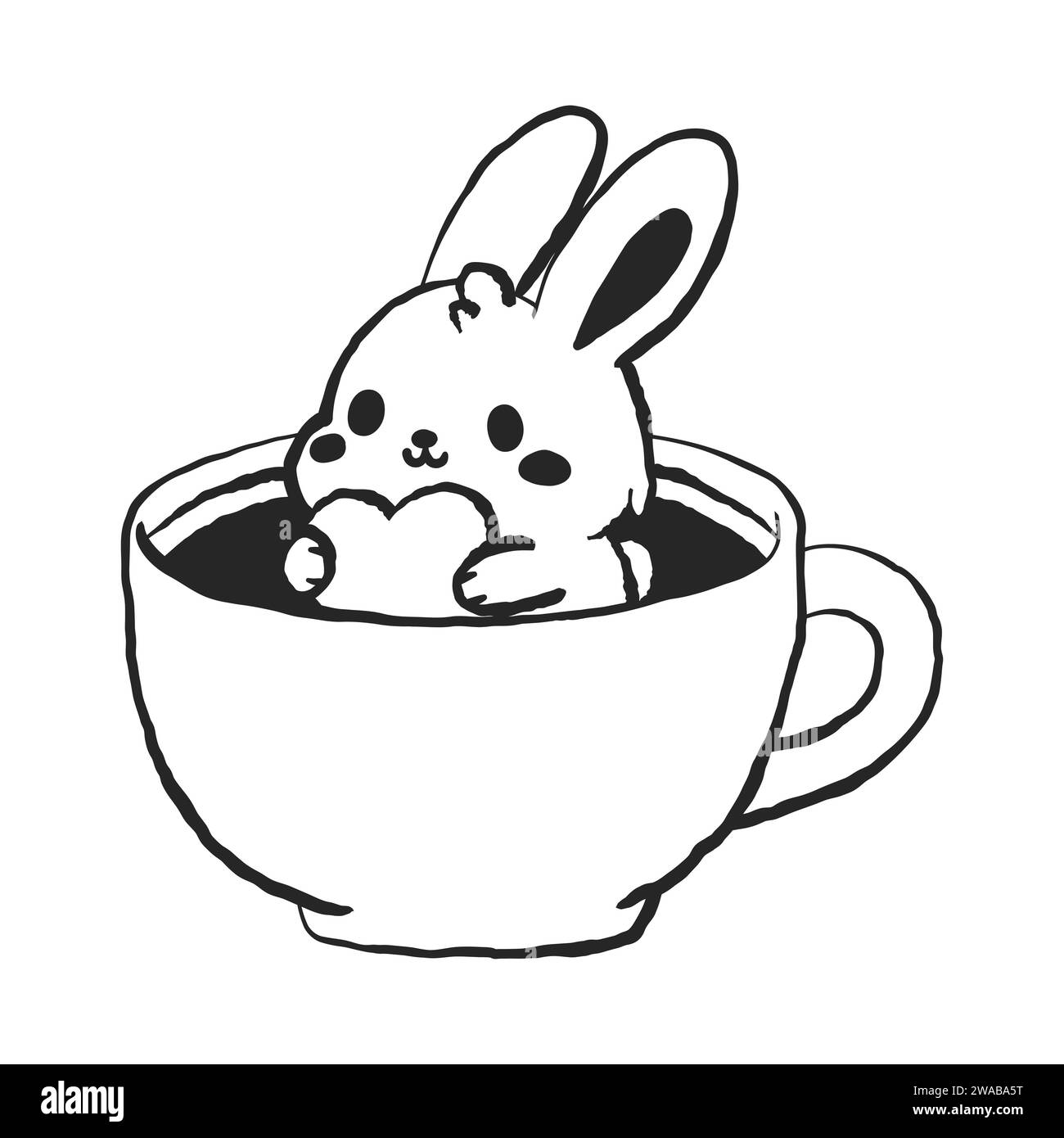 Lapin mignon dans une tasse de thé à café. Personnage animal mignon et drôle pour le concept de Saint Valentin. Illustration vectorielle linéaire en noir et blanc Illustration de Vecteur