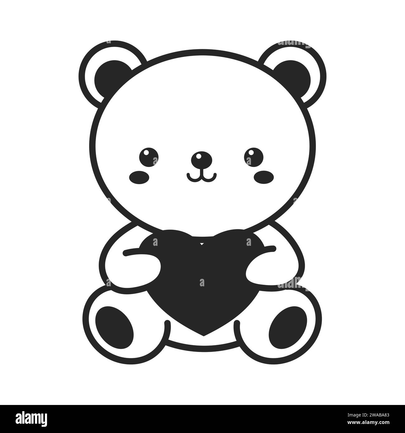 Un mignon ours Kawaii est assis et serrant un cœur. illustration vectorielle de style dessin au trait Illustration de Vecteur