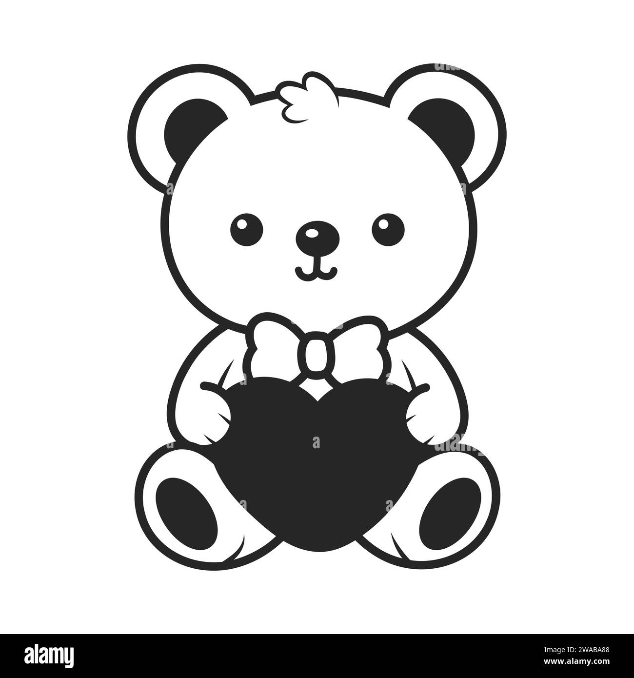 Un mignon ours Kawaii est assis et serrant un cœur. illustration vectorielle de style dessin au trait Illustration de Vecteur