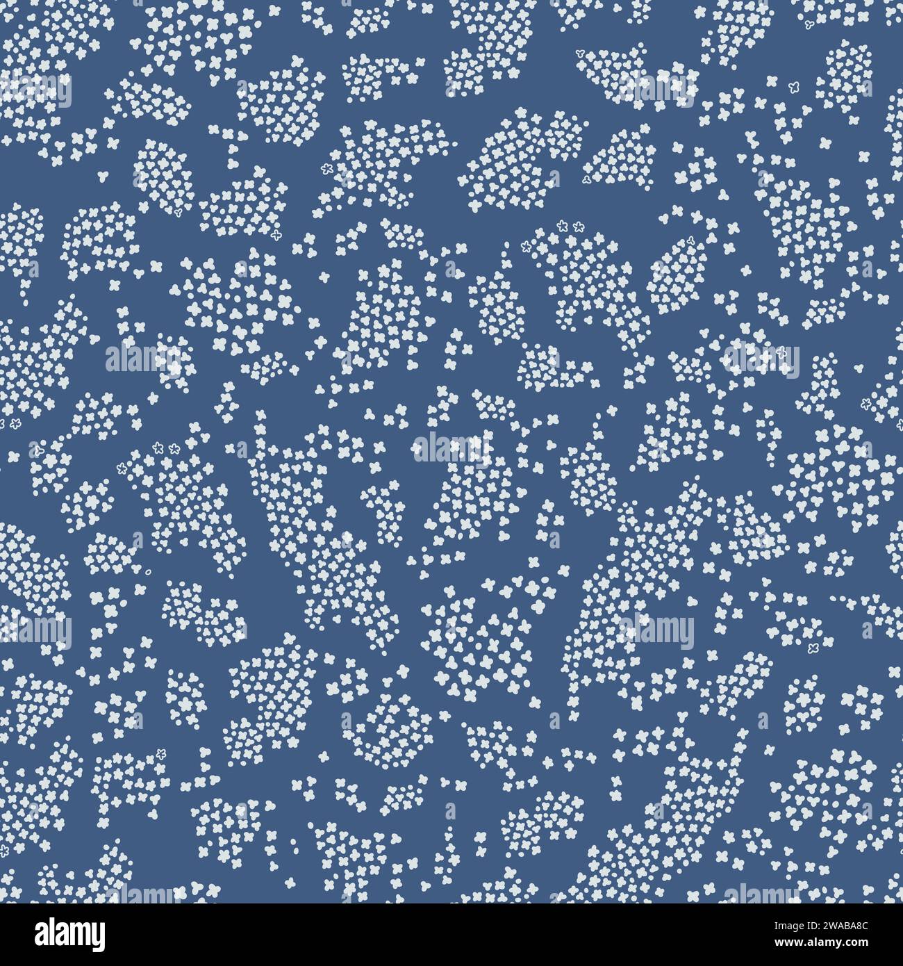 Motif bleu sans couture avec des silhouettes florales blanches. Motif de répétition dispersée simple Illustration de Vecteur