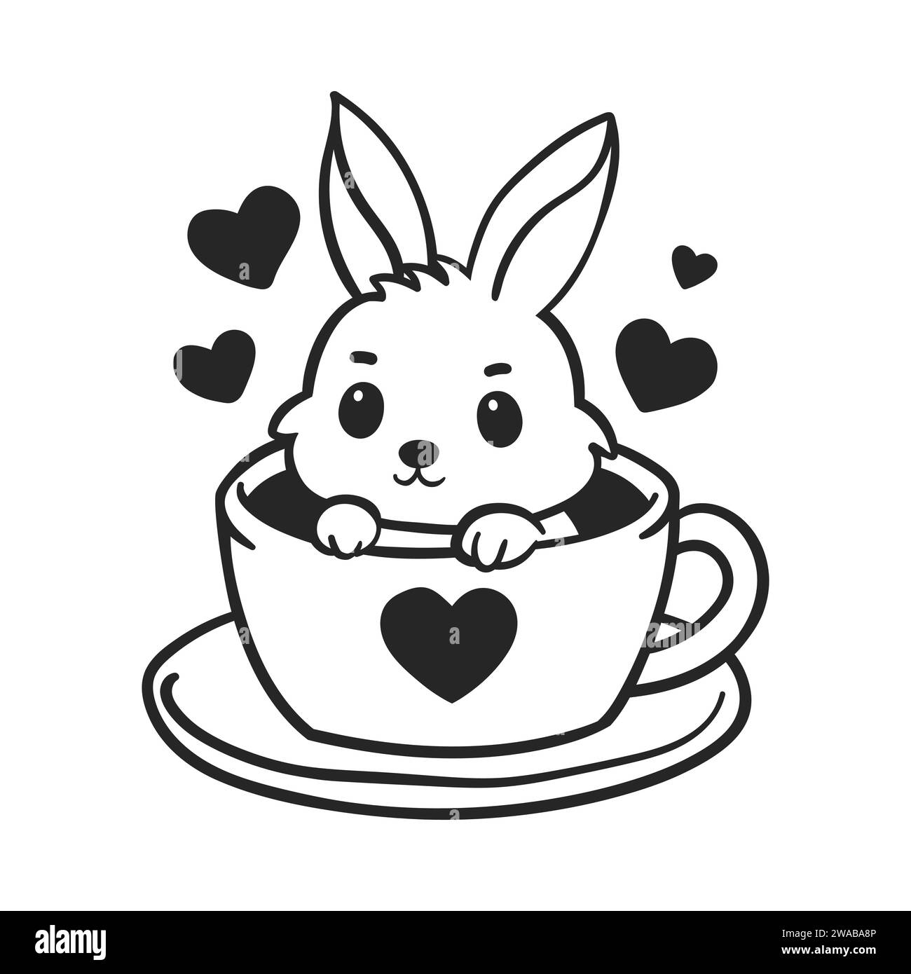 Lapin mignon dans une tasse de thé à café. Personnage animal mignon et drôle pour le concept de Saint Valentin. Illustration vectorielle linéaire en noir et blanc Illustration de Vecteur