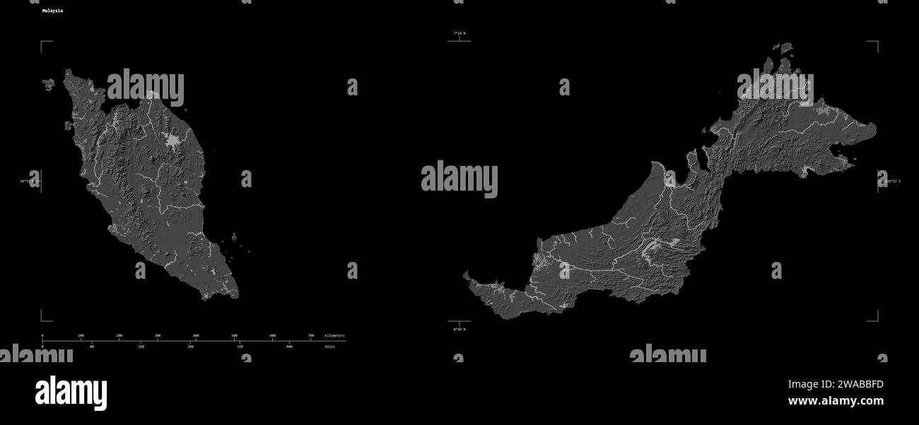 Forme d'une carte d'altitude à deux niveaux avec les lacs et les rivières de la Malaisie, avec l'échelle de distance et les coordonnées de la frontière de la carte, isolé sur noir Banque D'Images