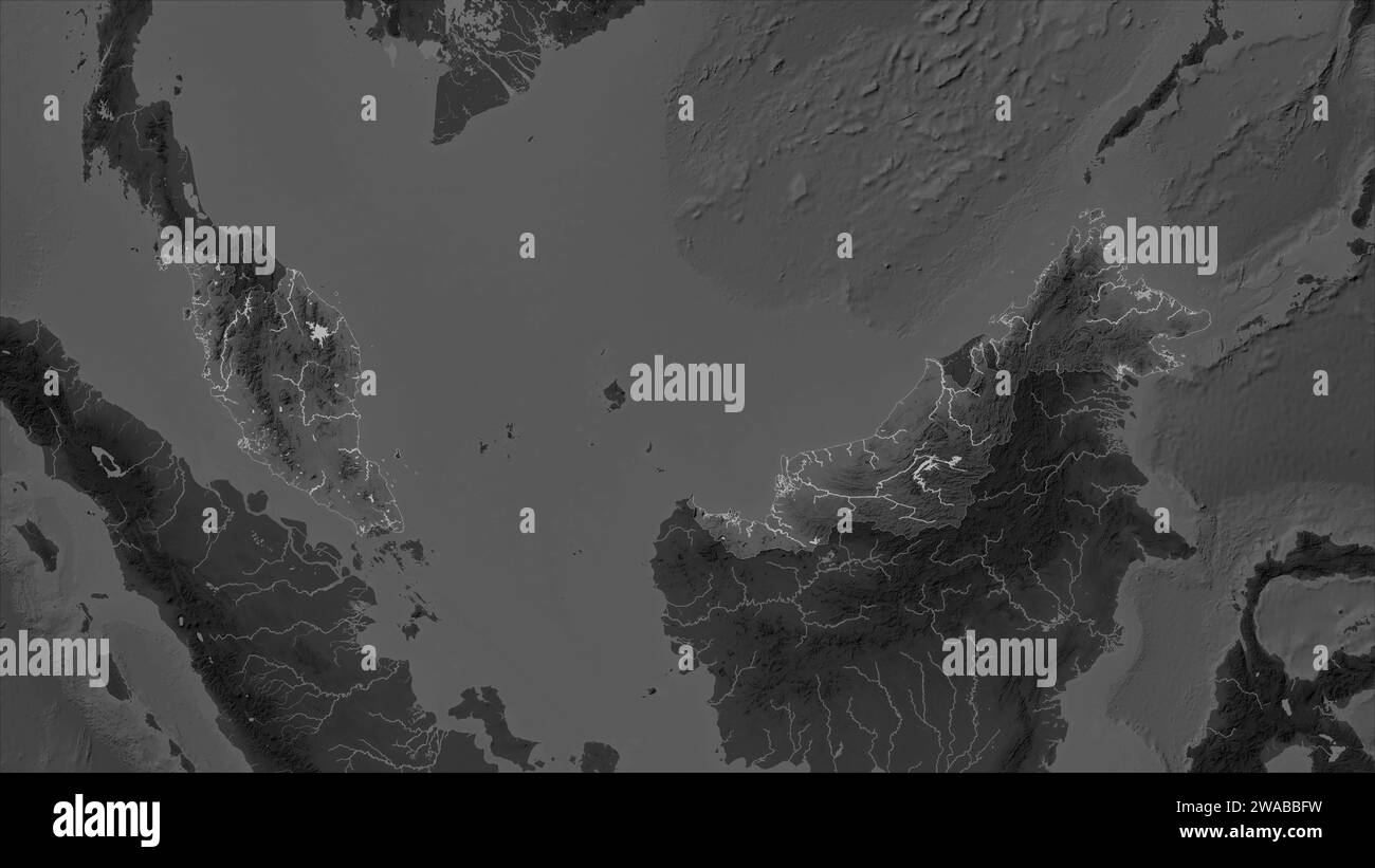 Malaisie mise en évidence sur une carte d'altitude en niveaux de gris avec des lacs et des rivières Banque D'Images