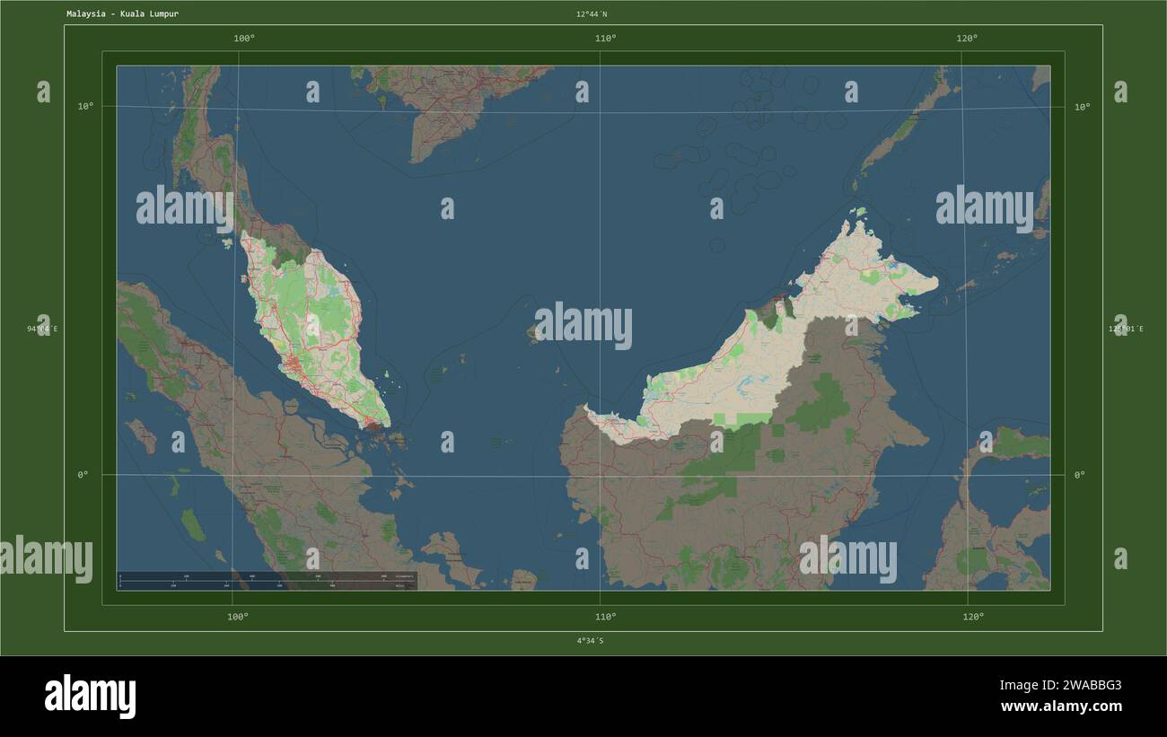Malaisie mise en évidence sur une carte topographique de style OSM Allemagne avec le point de la capitale du pays, grille cartographique, échelle de distance et carte frontière co Banque D'Images