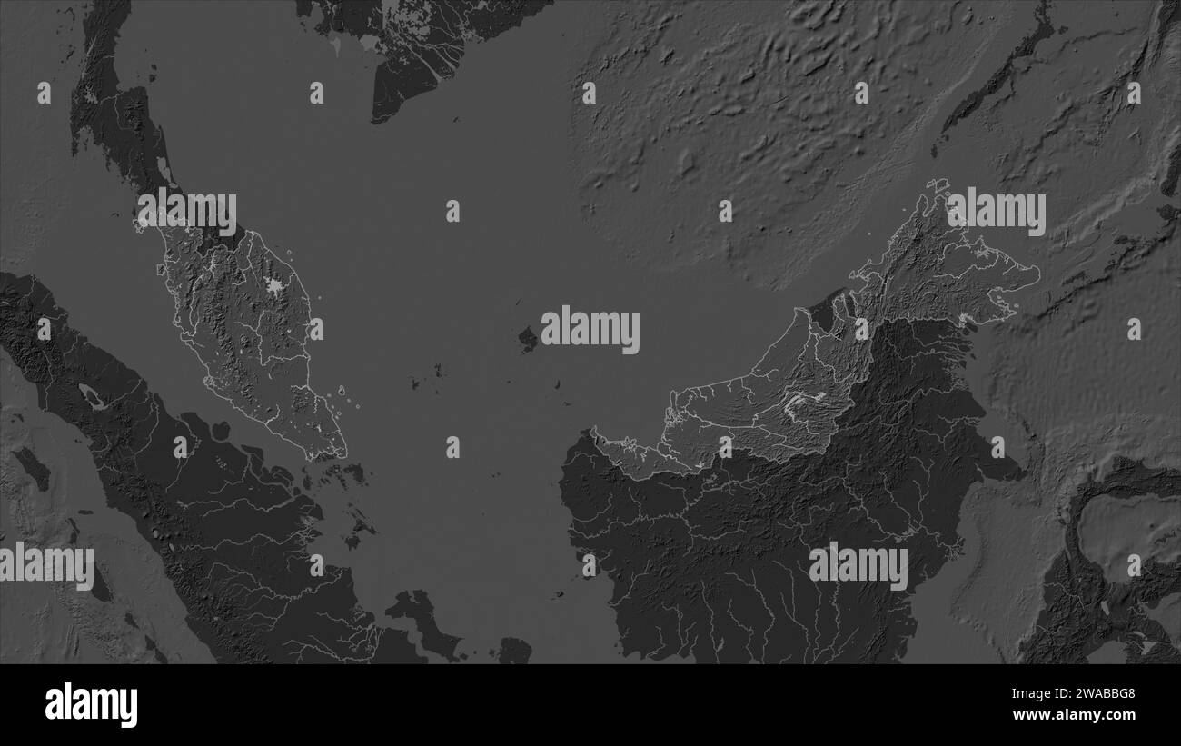 Malaisie mise en évidence sur une carte d'altitude à deux niveaux avec des lacs et des rivières Banque D'Images