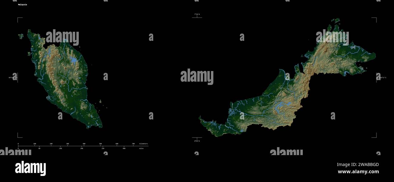 Forme d'une carte d'altitude en couleur avec les lacs et les rivières de la Malaisie, avec l'échelle de distance et les coordonnées de la frontière de la carte, isolé sur noir Banque D'Images