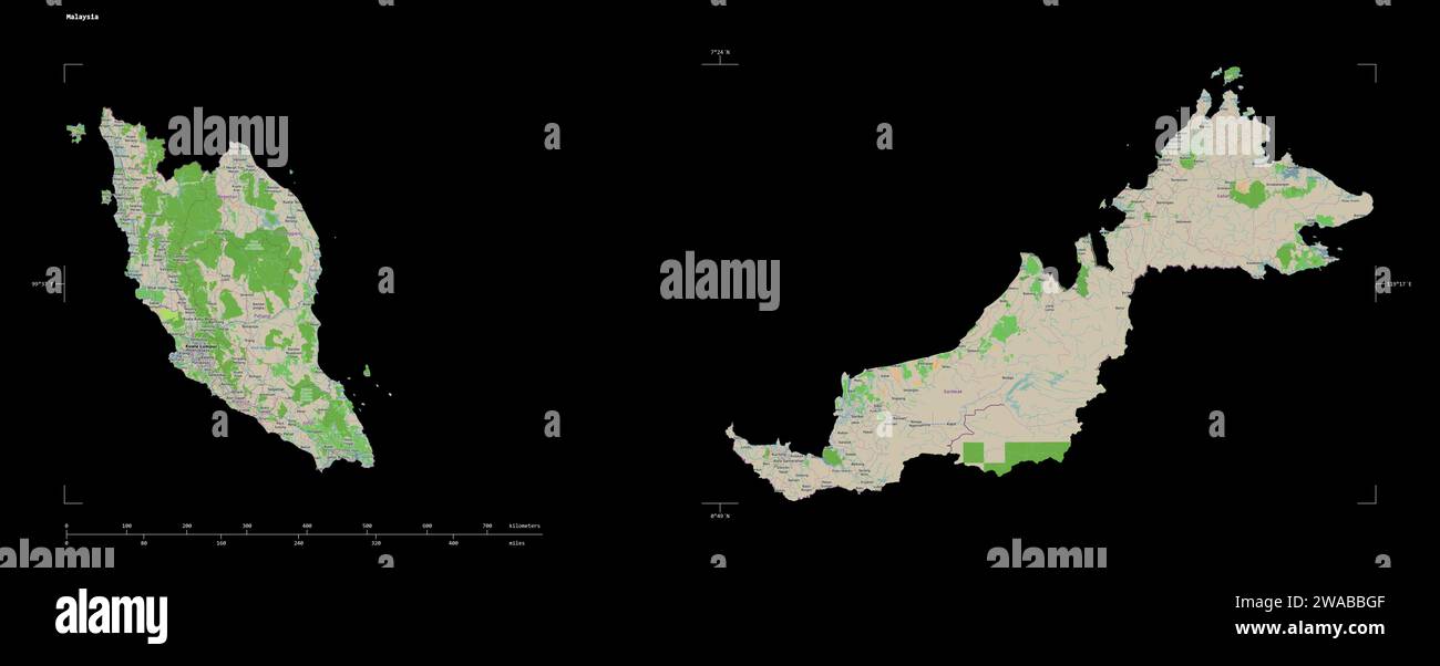 Forme d'une carte topographique, de style OSM France de la Malaisie, avec échelle de distance et coordonnées de la frontière de la carte, isolée sur noir Banque D'Images
